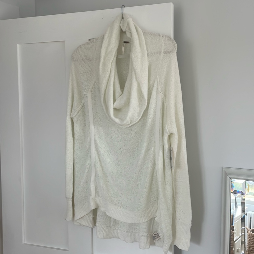 Free People Sheer Cowl Neck Pullover in Ivory - Size L